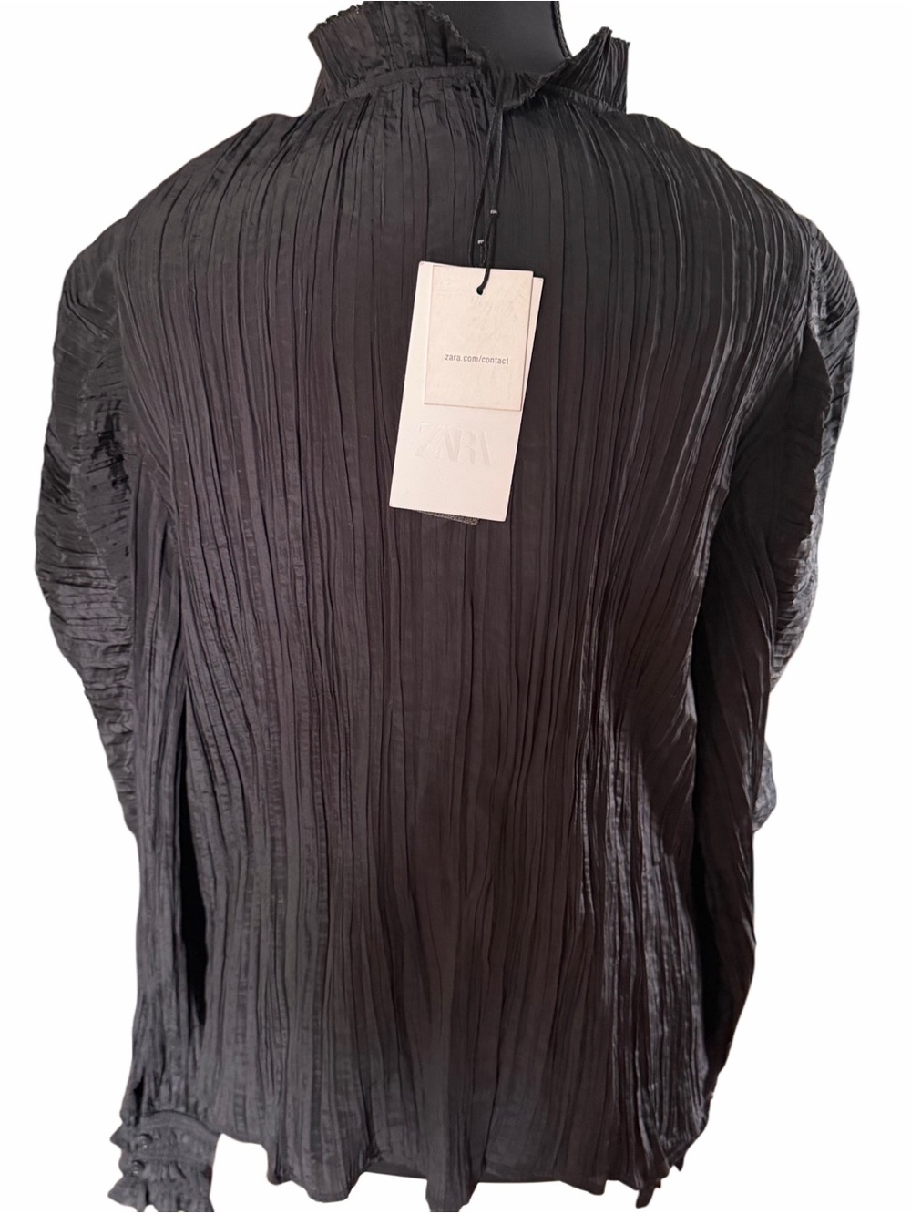 Zara Black Crinkled Puff-Sleeve Blouse, size Large - Picture 2 of 5